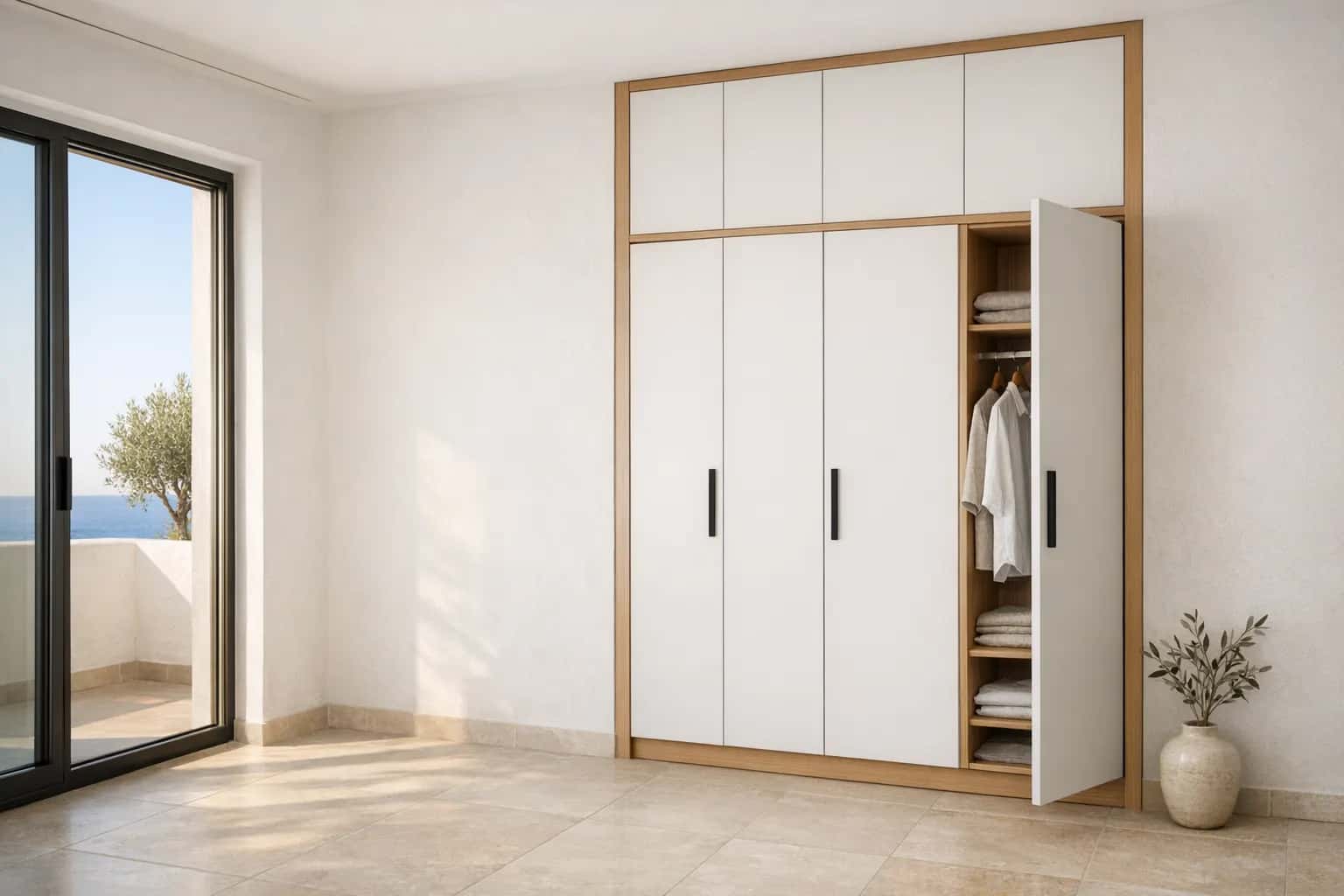 A made-to-measure white and oak wardrobe with one door open in a bright Cyprus apartment with a sea view
